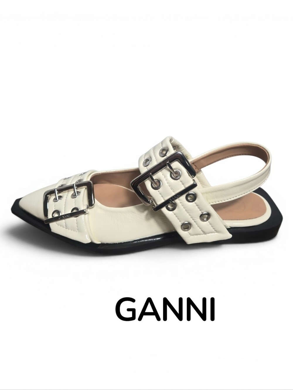 Ganni Cream Feminie Buckle Patent Leather Slingback Flats NWT